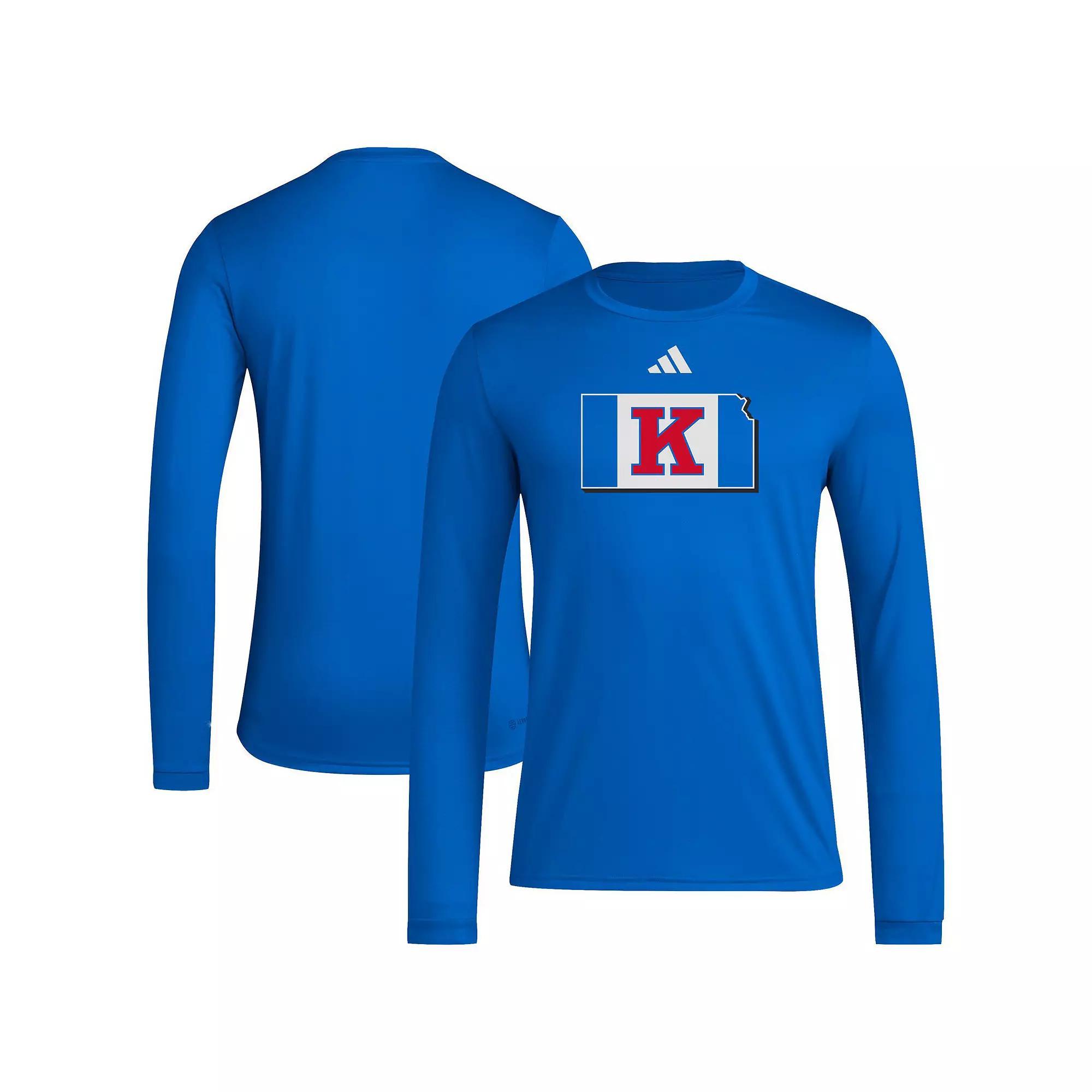 Men's adidas Royal Kansas Jayhawks Basketball State Outline Pre-Game Long Sleeve T-Shirt, Size: Medium, Blue Product Image