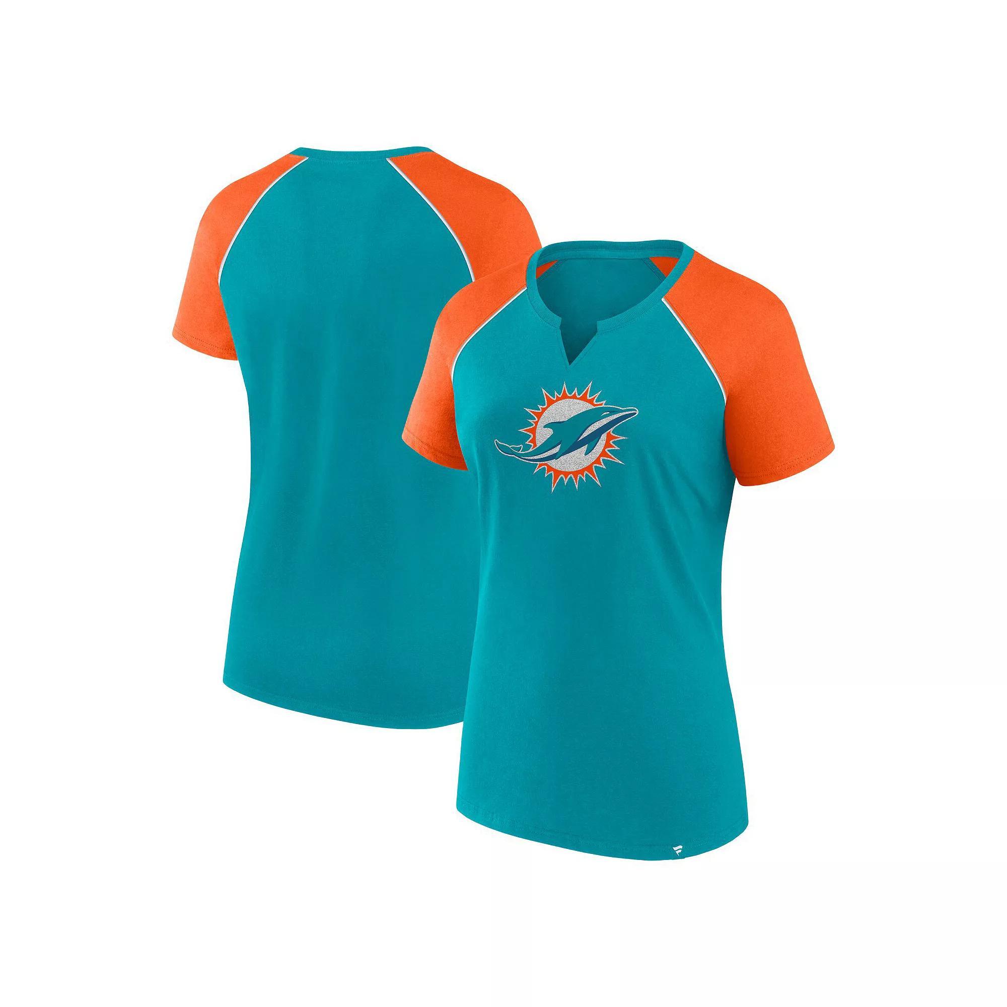 Women's Fanatics Aqua/Orange Miami Dolphins Glittered Primary Raglan T-Shirt, Size: Large, Turquoise A Product Image