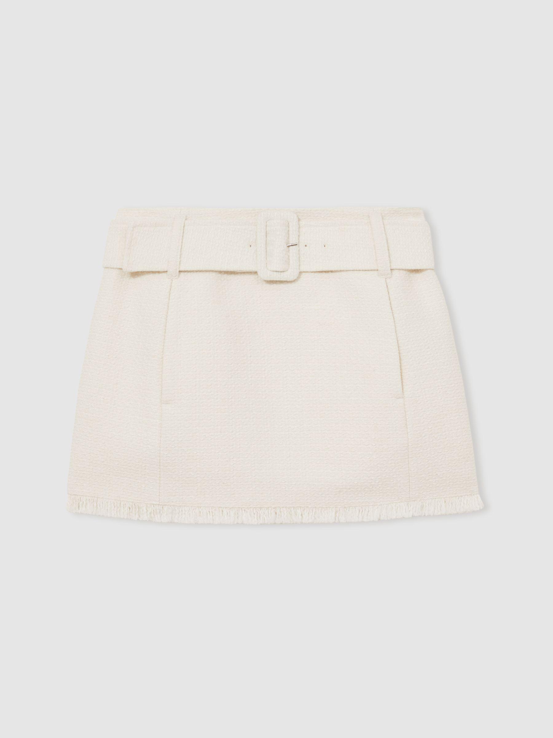 Bouclé Belted Mini Skirt With Wool and Cotton in White Product Image