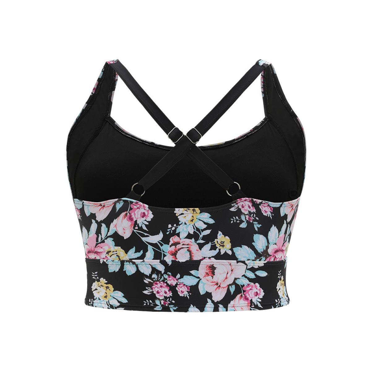Plus Size Floral Ruched Knotted Crossover Back Tankini Top Women's Swimwear BlackFlower Vacation Adjustable Straps High stretch Skinny Curve Swim Tops BloomChic 14-16/1X Product Image
