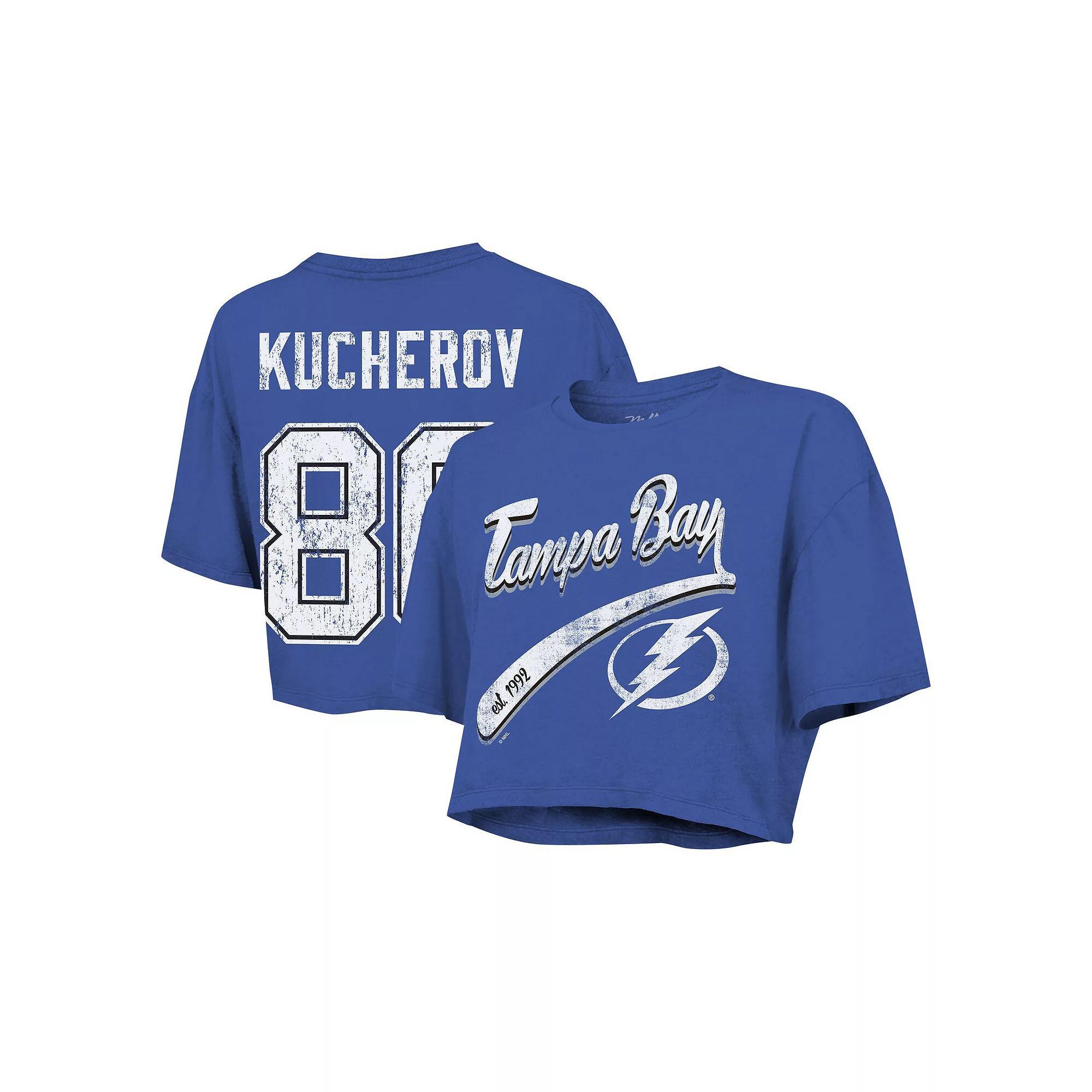 Women's Majestic Threads Nikita Kucherov Royal Tampa Bay Lightning Behind The Net Boxy Name & Number Cropped T-Shirt, Size: 2XL, Lgh Blue Product Image