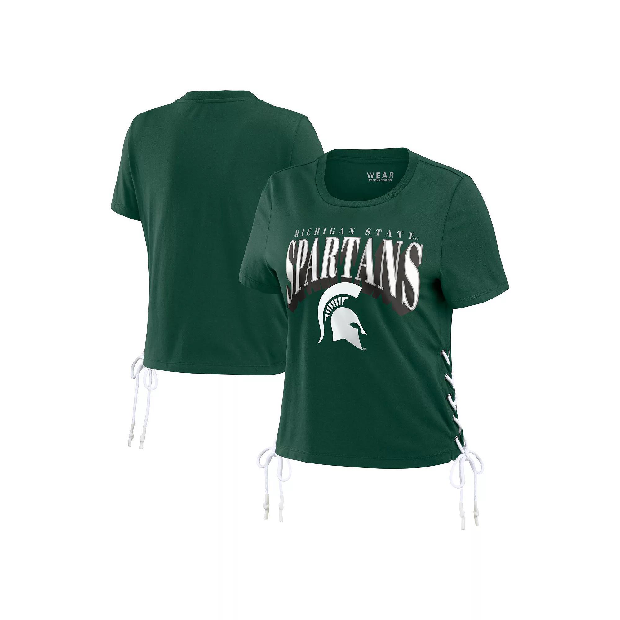 Women's WEAR by Erin Andrews Green Michigan State Spartans Side Lace-Up Modest Crop T-Shirt, Size: 2XL Product Image