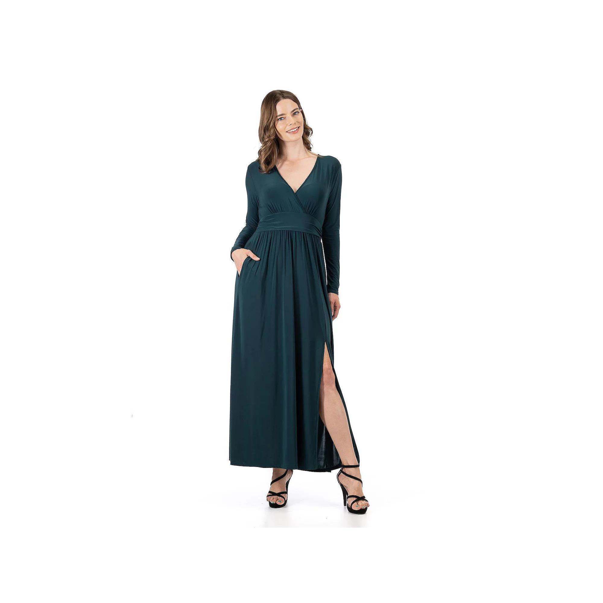 Women's 24Seven Comfort Apparel Long Sleeve V-Neck Side Slit Maxi Dress,  Product Image