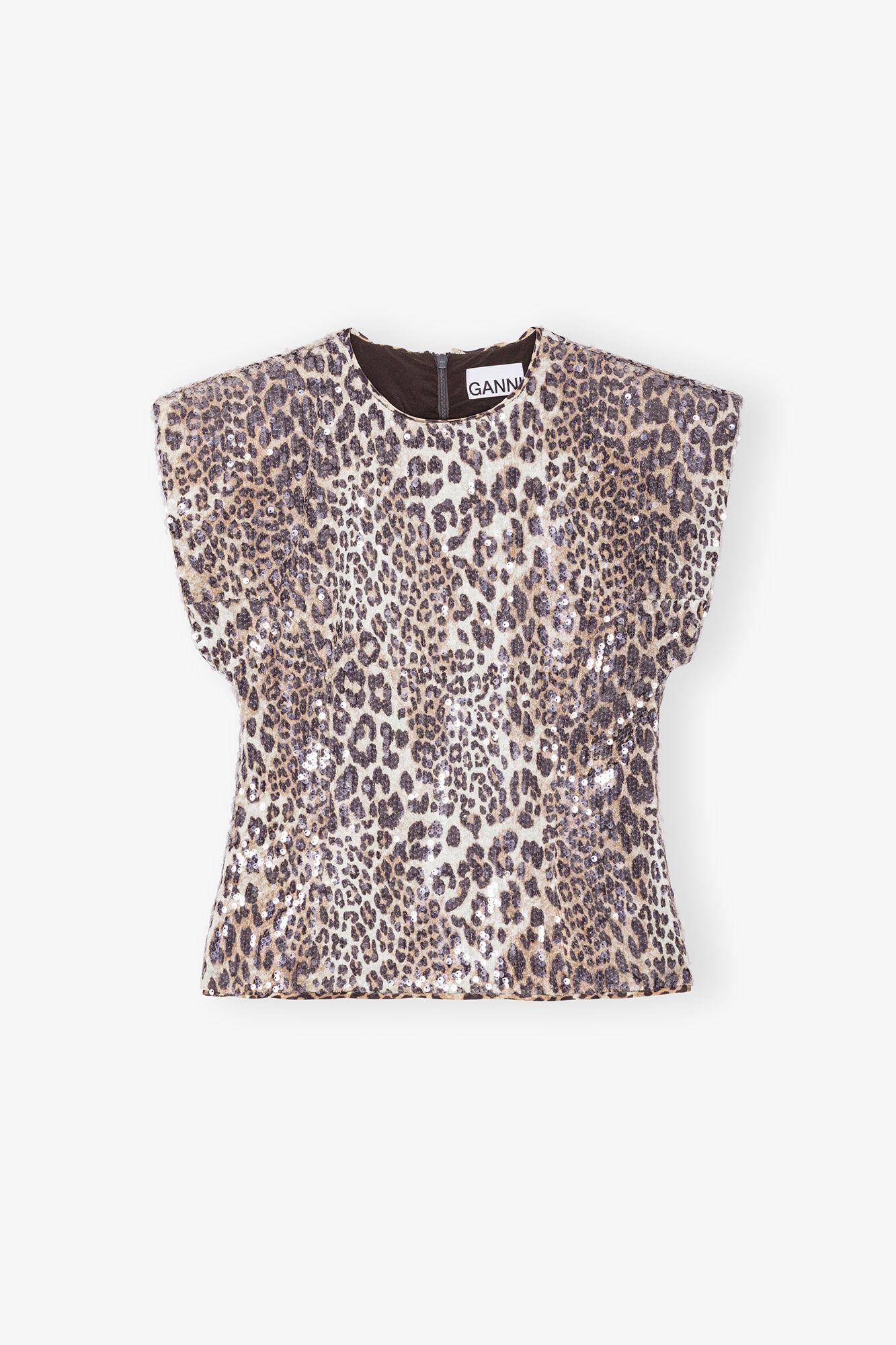 Leopard Printed Stretch Sequins Blouse Product Image