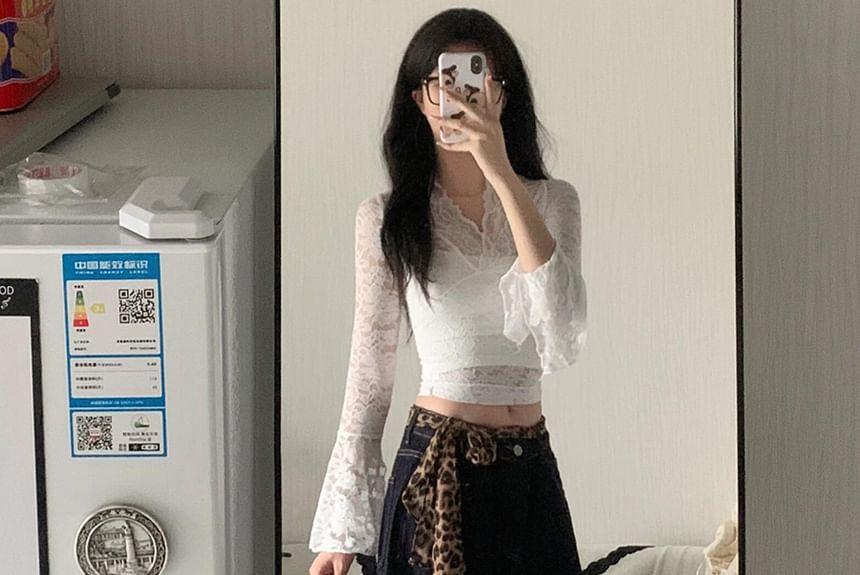 Long-Sleeve V-Neck Crop Lace Top Product Image