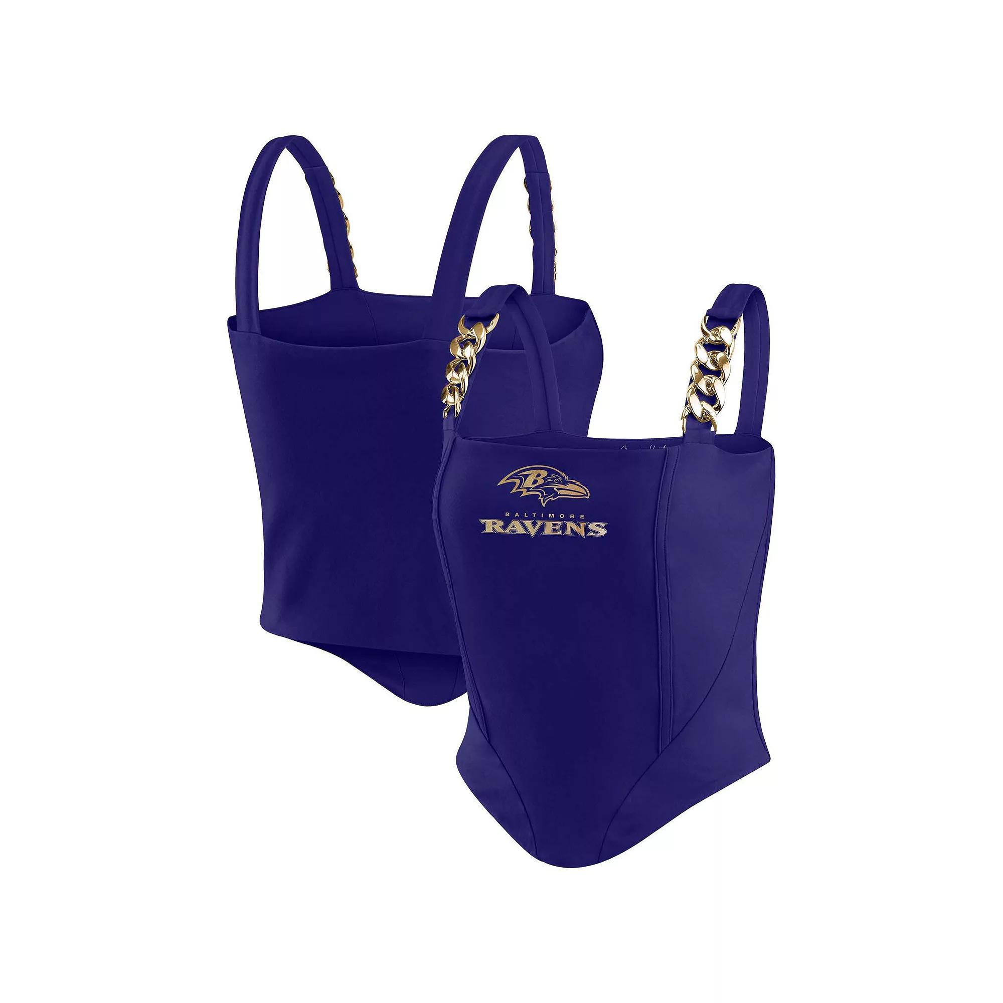 Women's WEAR by Erin Andrews x Gracie Hunt Navy Denver Broncos Chain Link Corset Top, Size: Medium, Blue Product Image