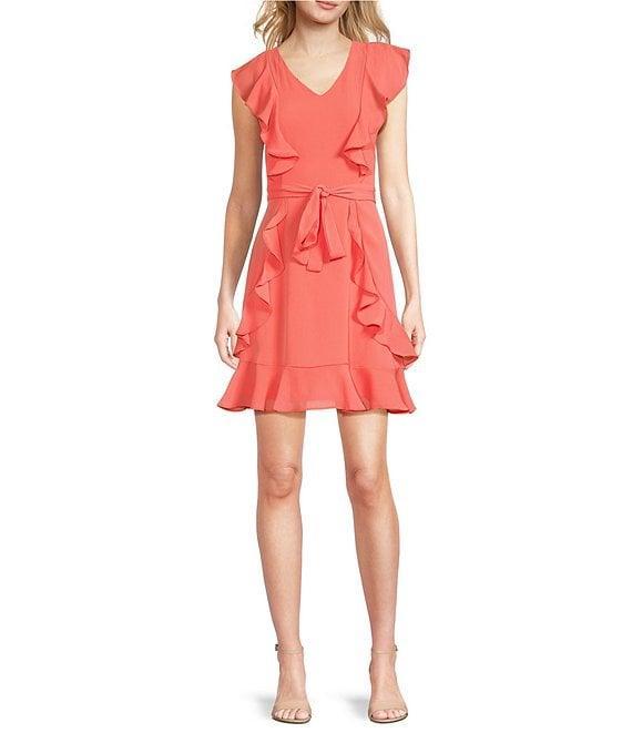 Leslie Fay V Neck Cap Sleeve Tie Sash Ruffle Sheath Dress Product Image