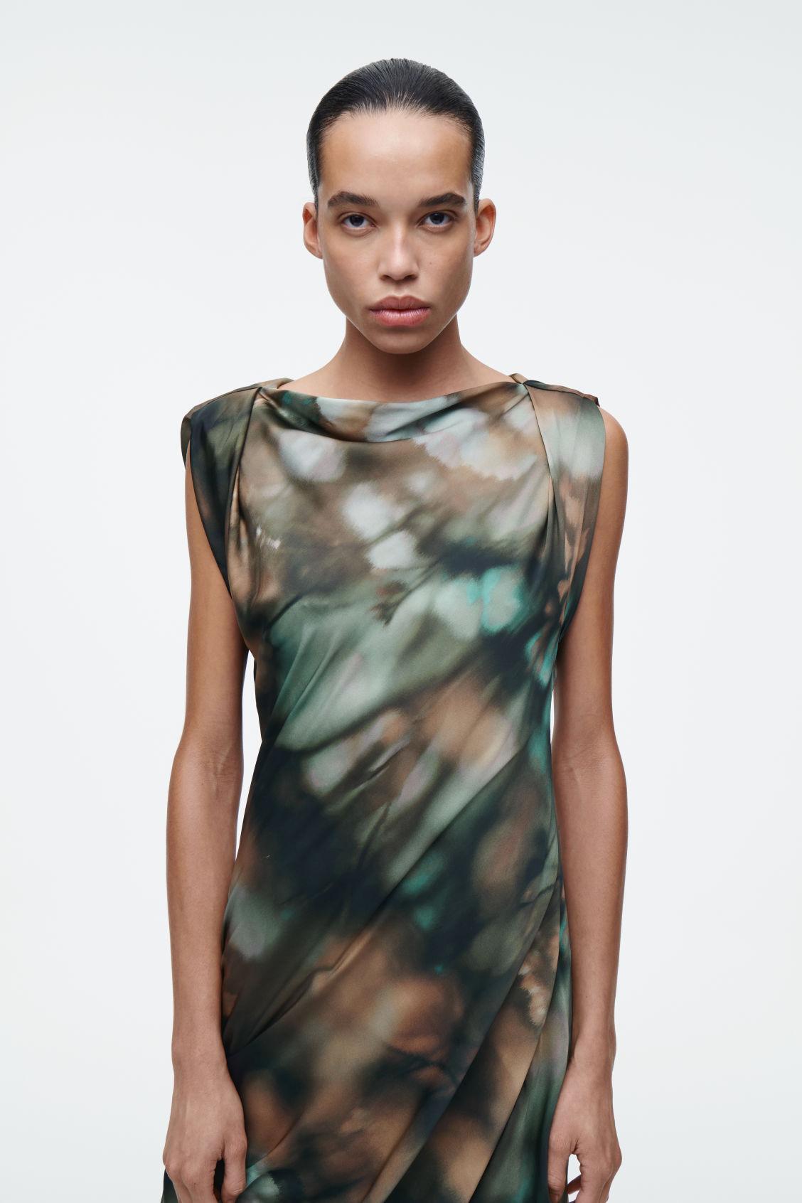 PRINTED DRAPED SILK DRESS Product Image