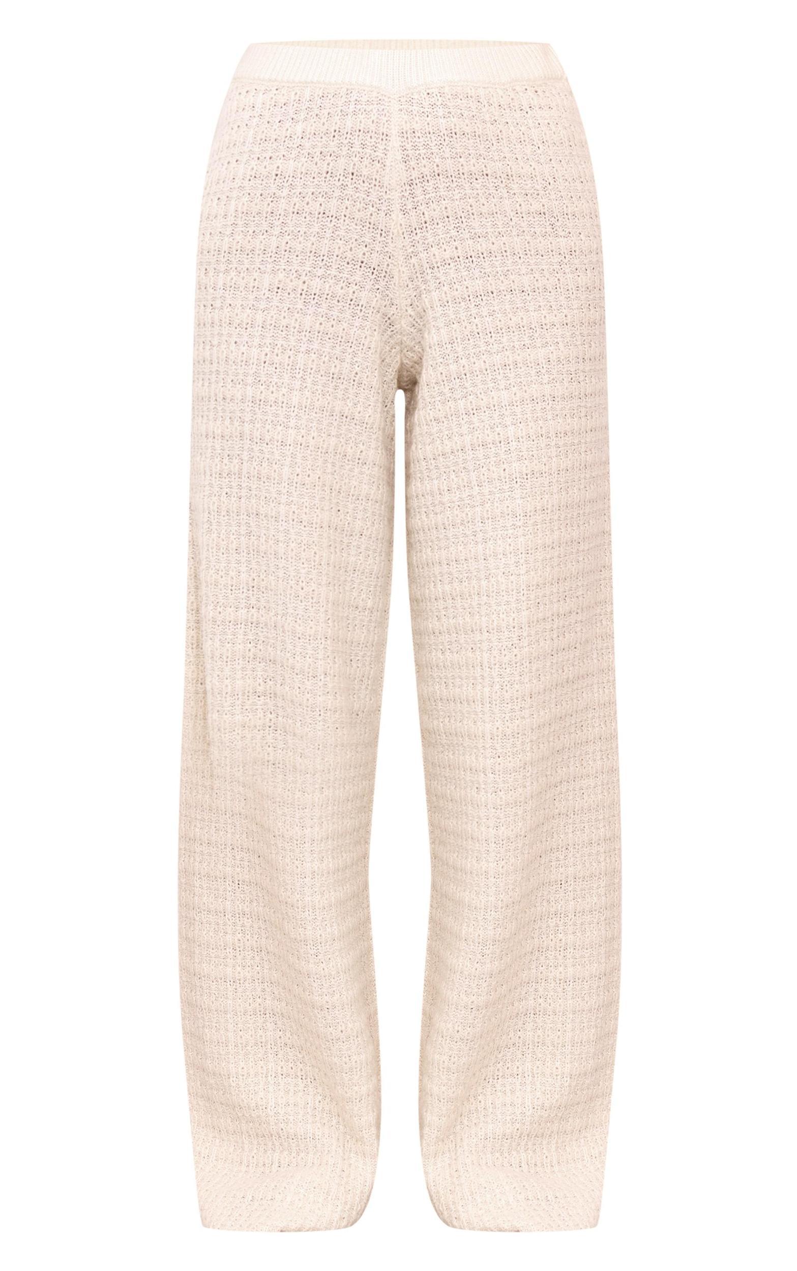 Cream Boucle Knit Wide Leg Pants Product Image