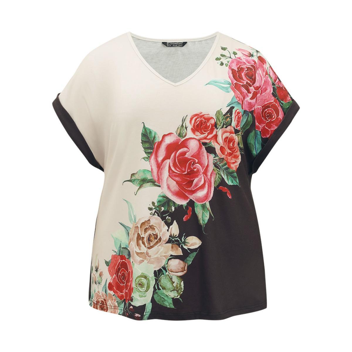 Plus Size Boho Print Roll Batwing Sleeve T-shirt Black Women Casual Contrast Floral V-neck Dailywear T-shirts BloomChic 14-16/1X Product Image