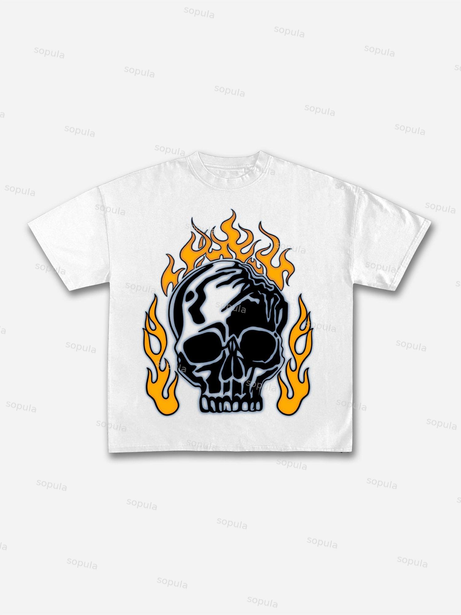 Men's Flaming Skull Graphic Cotton T-shirt Product Image
