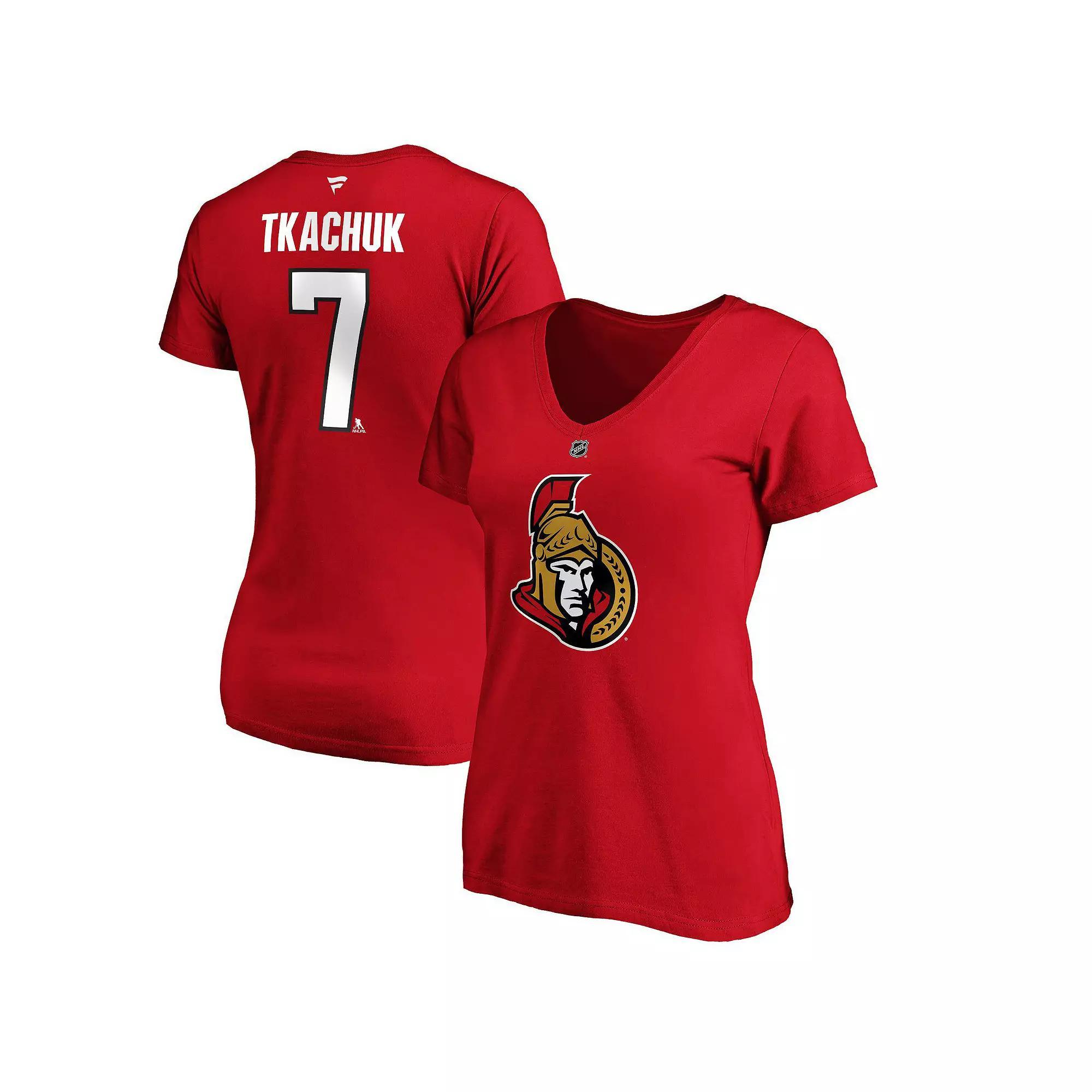 Women's Fanatics Branded Brady Tkachuk Red Ottawa Senators Authentic Stack Name & Number V-Neck T-Shirt,  Product Image