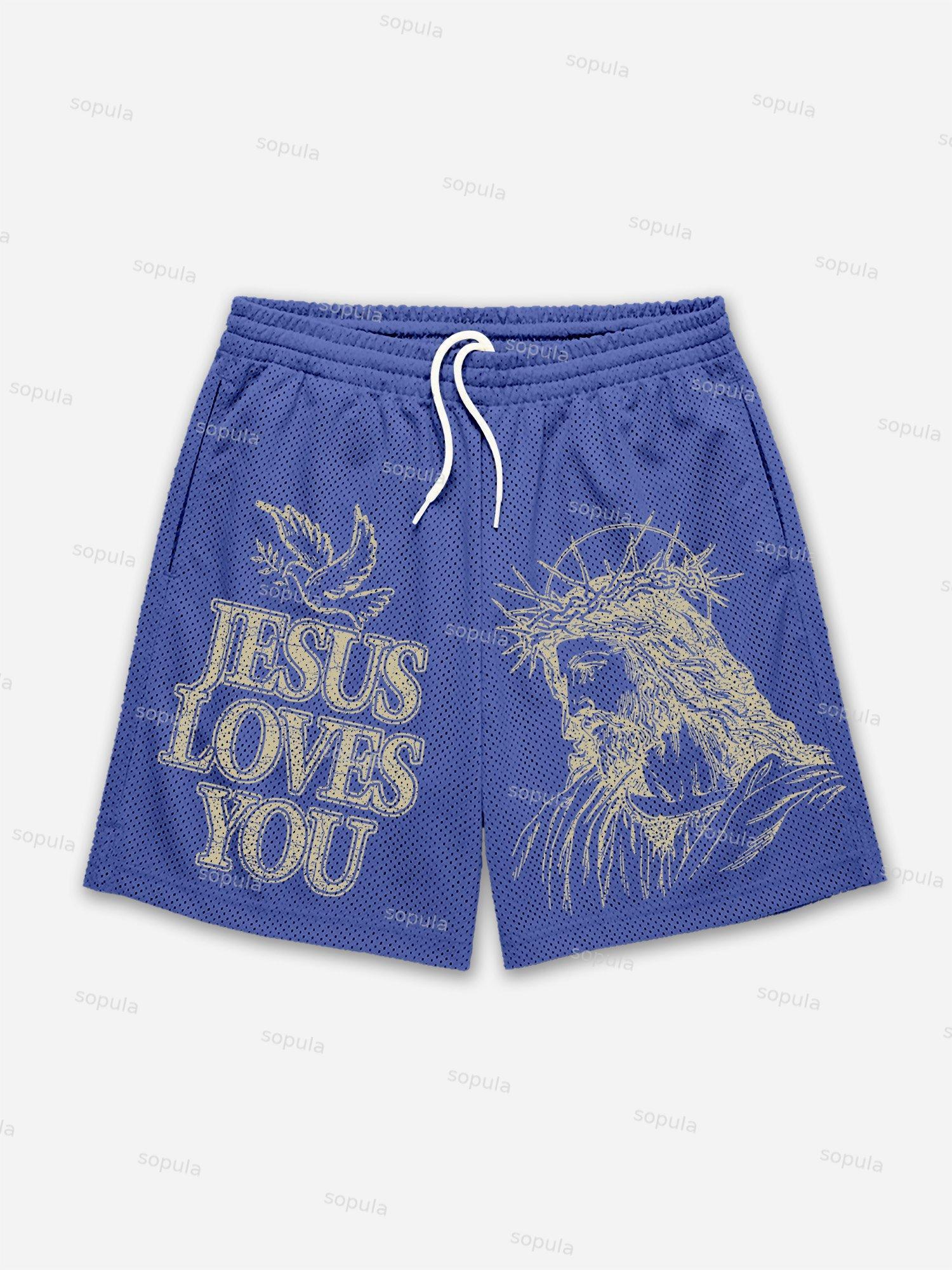 Jesus Loves You Print Mesh Shorts Product Image