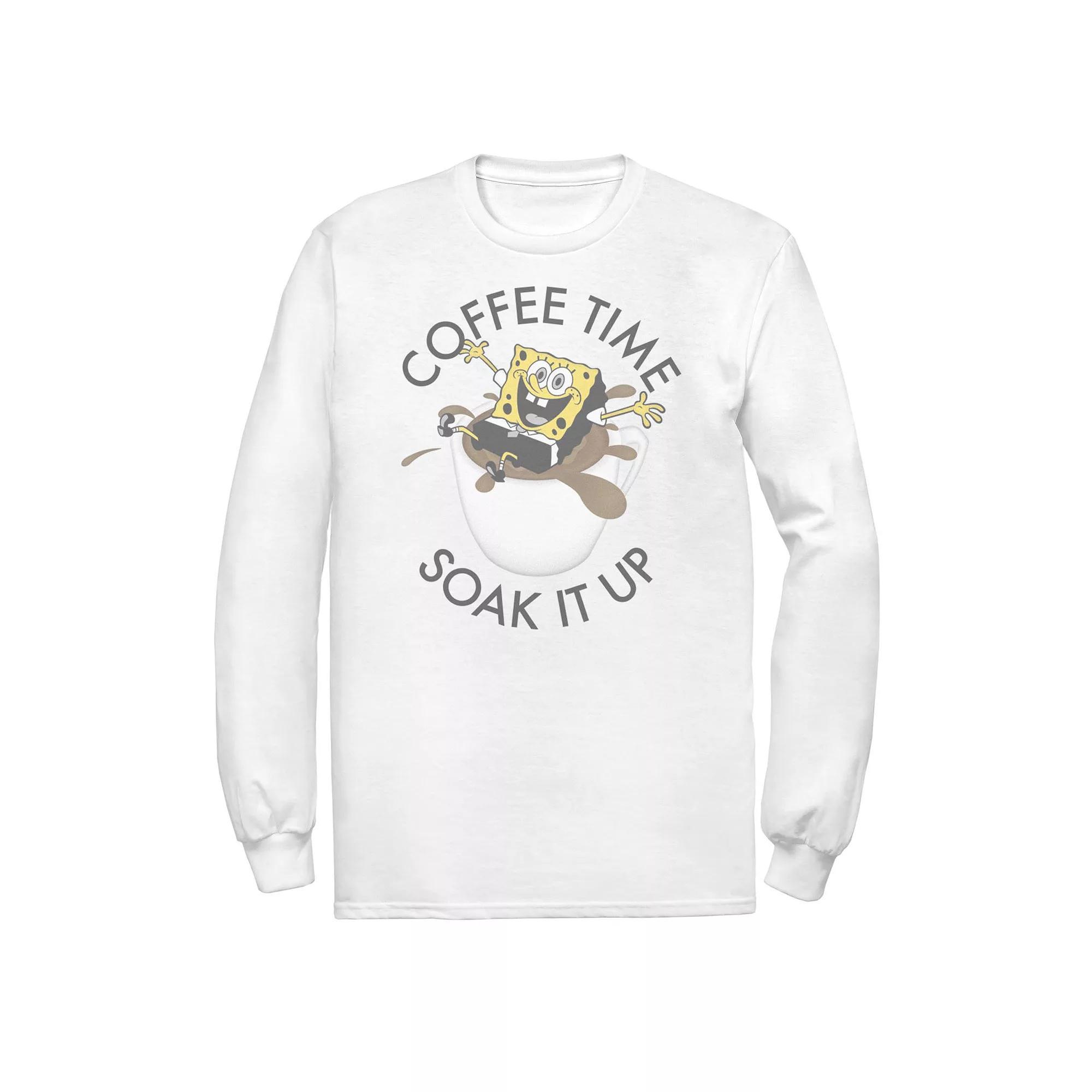 Men's Spongebob Coffee Time Soak It Up Portrait Long Sleeve Tee, Size: XL, White Product Image