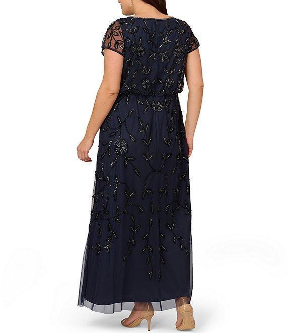 Adrianna Papell Plus Size Short Sleeve Boat Neck Beaded Blouson Gown Product Image