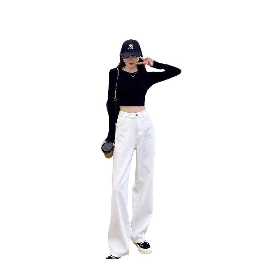 High Rise Plain Straight-Fit Wide-Leg Jeans Product Image