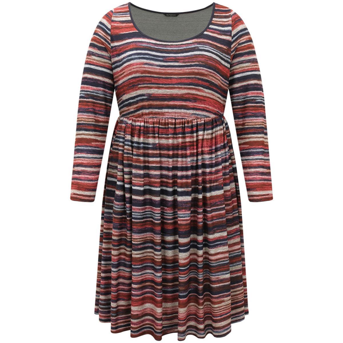 Plus Size Colour Striped Heather Elastic Waist Scoop Neck Dress Multicolor Women Casual Printed Scoop Neck Long Sleeve Curvy Midi Dress BloomChic 12/L Product Image
