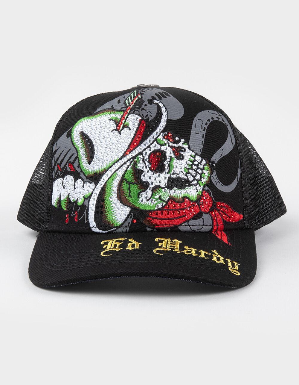 ED HARDY Cowboy Skull Rhinestone Womens Trucker Hat - BLACK Product Image