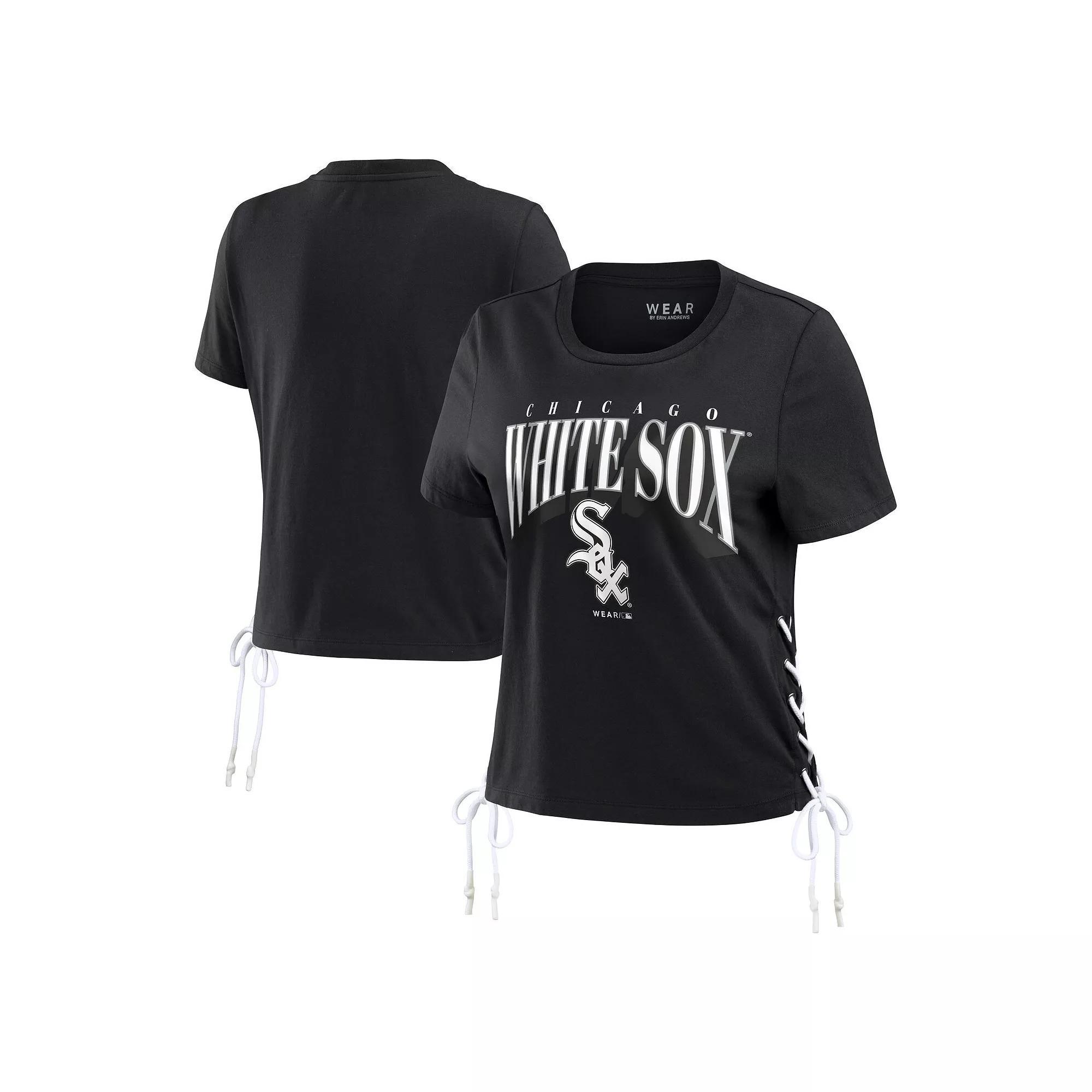 Women's WEAR by Erin Andrews Black Chicago White Sox Side Lace-Up Cropped T-Shirt,  Product Image