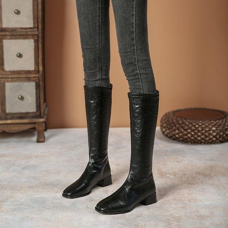 Square Toe Block Heel Knee High Boots Product Image