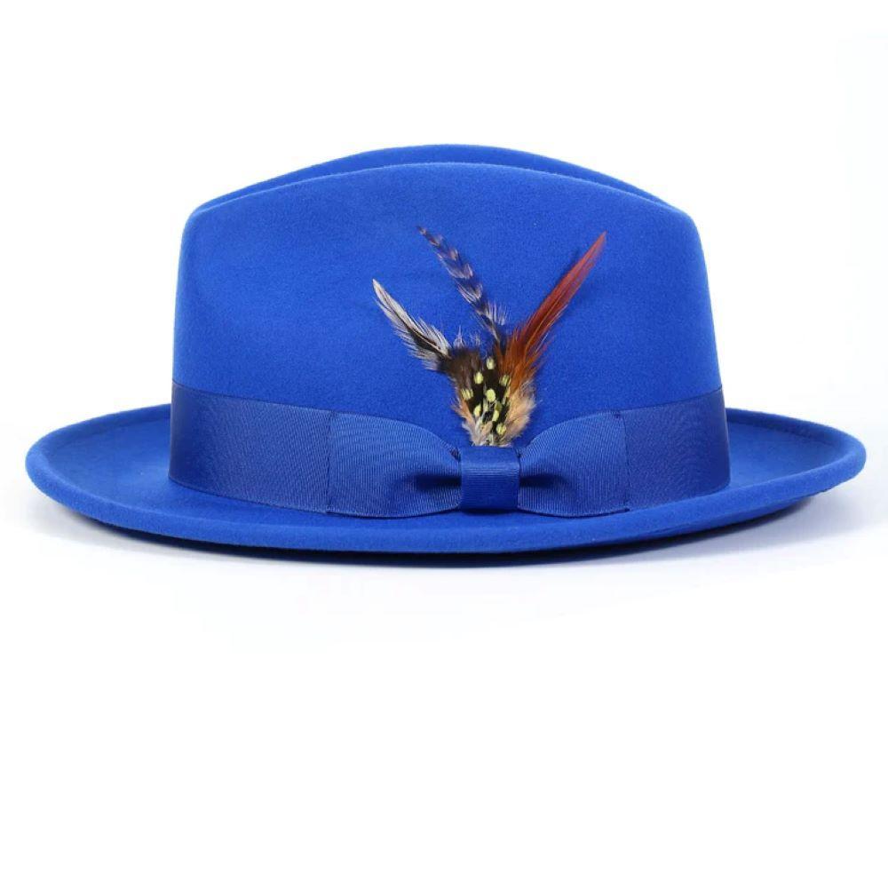 Wool Felt Fedora Pinch Front with Feather Accent in Royal Product Image