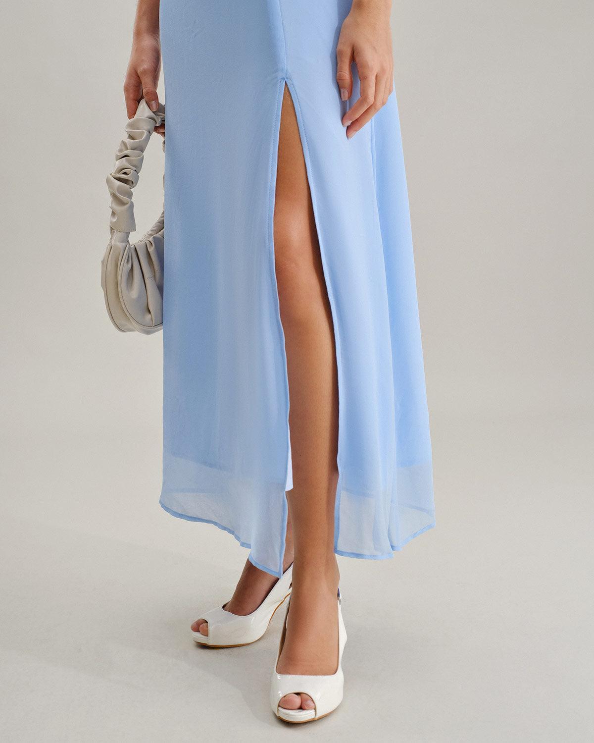 Blue Sweetheart Neck Chiffon Maxi Dress Product Image