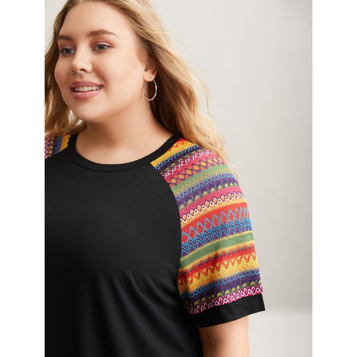 Plus Size Multi-Color Striped Sleeve Spliced T-Shirt Black Women Playful Contrast Round Neck Casual T-shirts BloomChic 30/6X Product Image