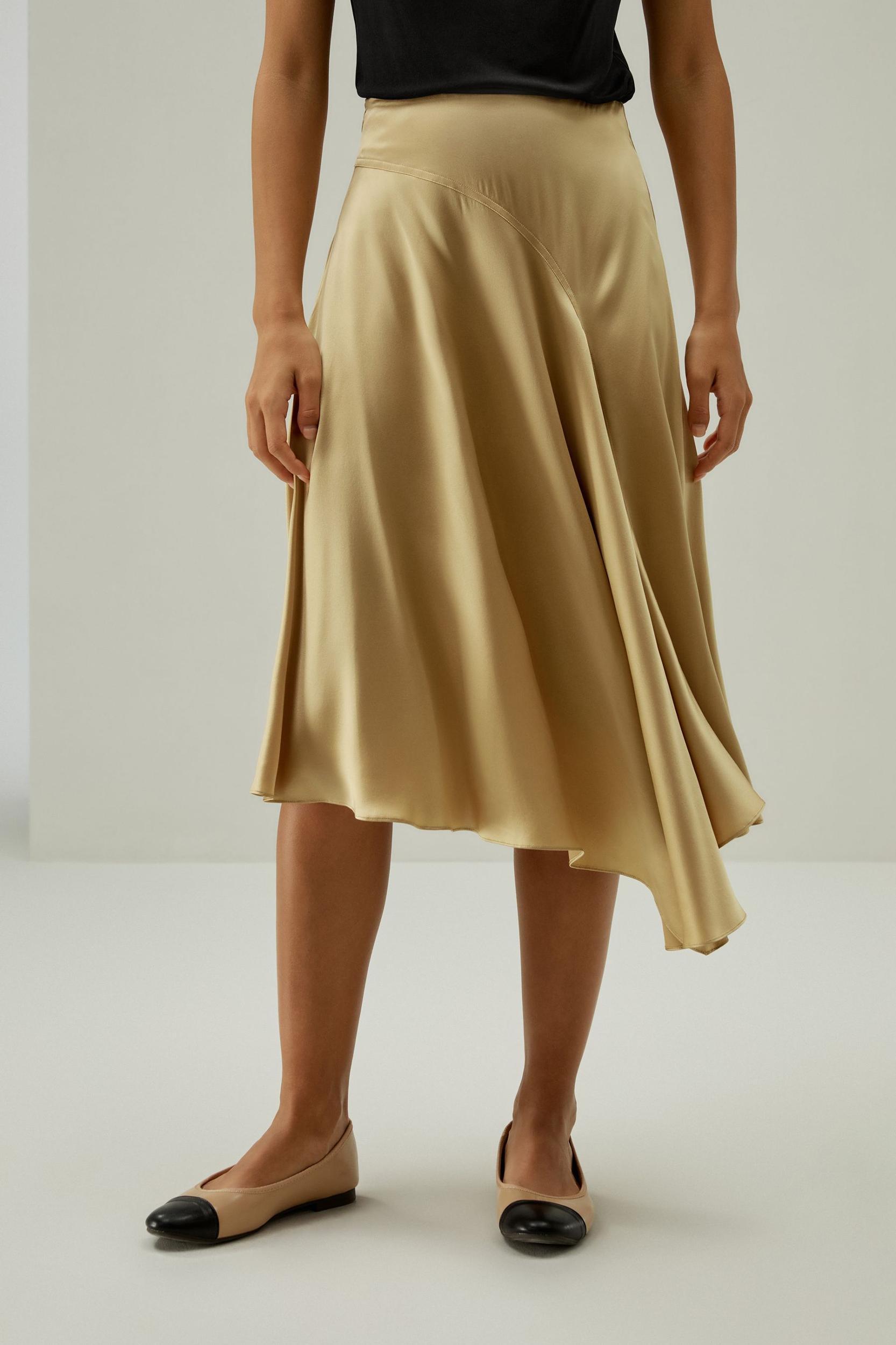 LILYSILK Women's Asymmetrical Silk Skirt, Cherry Red, Size 6, Elegant Flared Hem, Calf-Length, Side Zipper Product Image