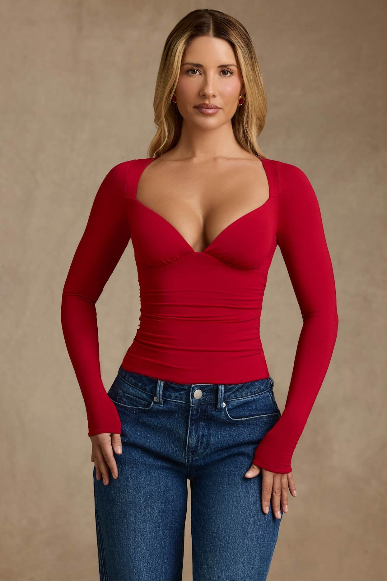 Modal Ruched Long-Sleeve Top in Red Product Image