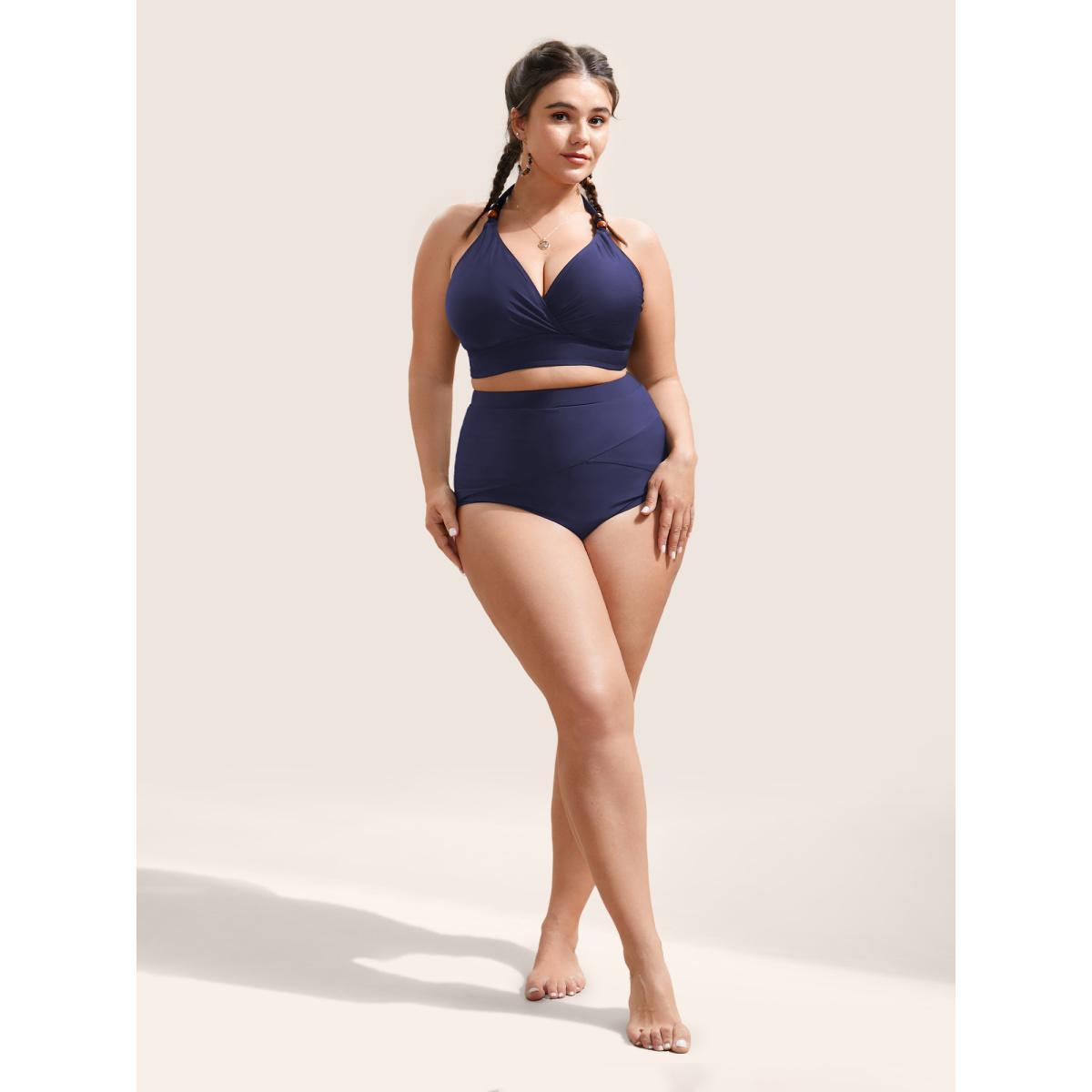 Plus Size Plain V Neck High Stretch Tie Knot Swim Top Women's Swimwear Black Resort Tie knot High stretch Skinny Overlap Collar Curve Swim Tops BloomChic 30/6X Product Image