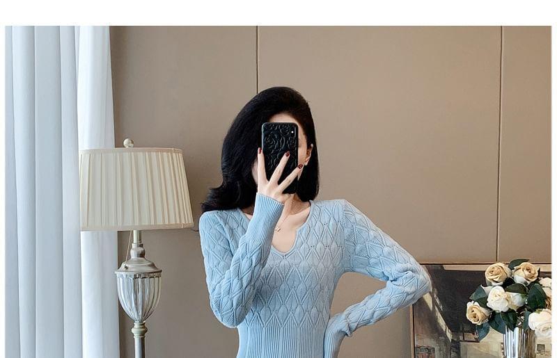 Long-Sleeve Notch Neck Plain Knit Mermaid Dress Product Image