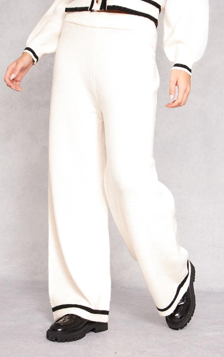 Cream Soft Knit Contrast Stripe Detail Wide Leg Pants Product Image