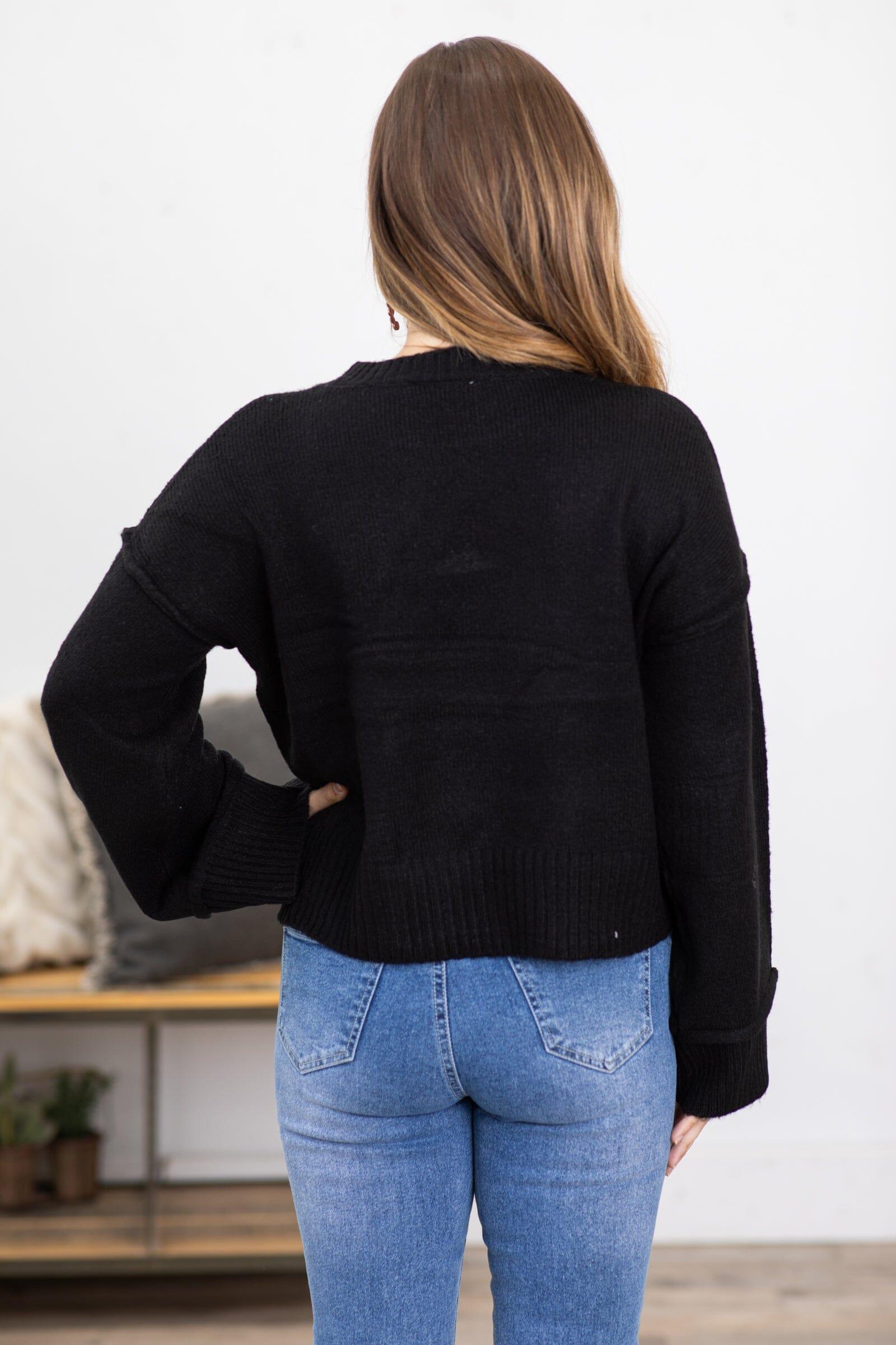 Black Ribbed Trim Crew Neck Sweater Product Image