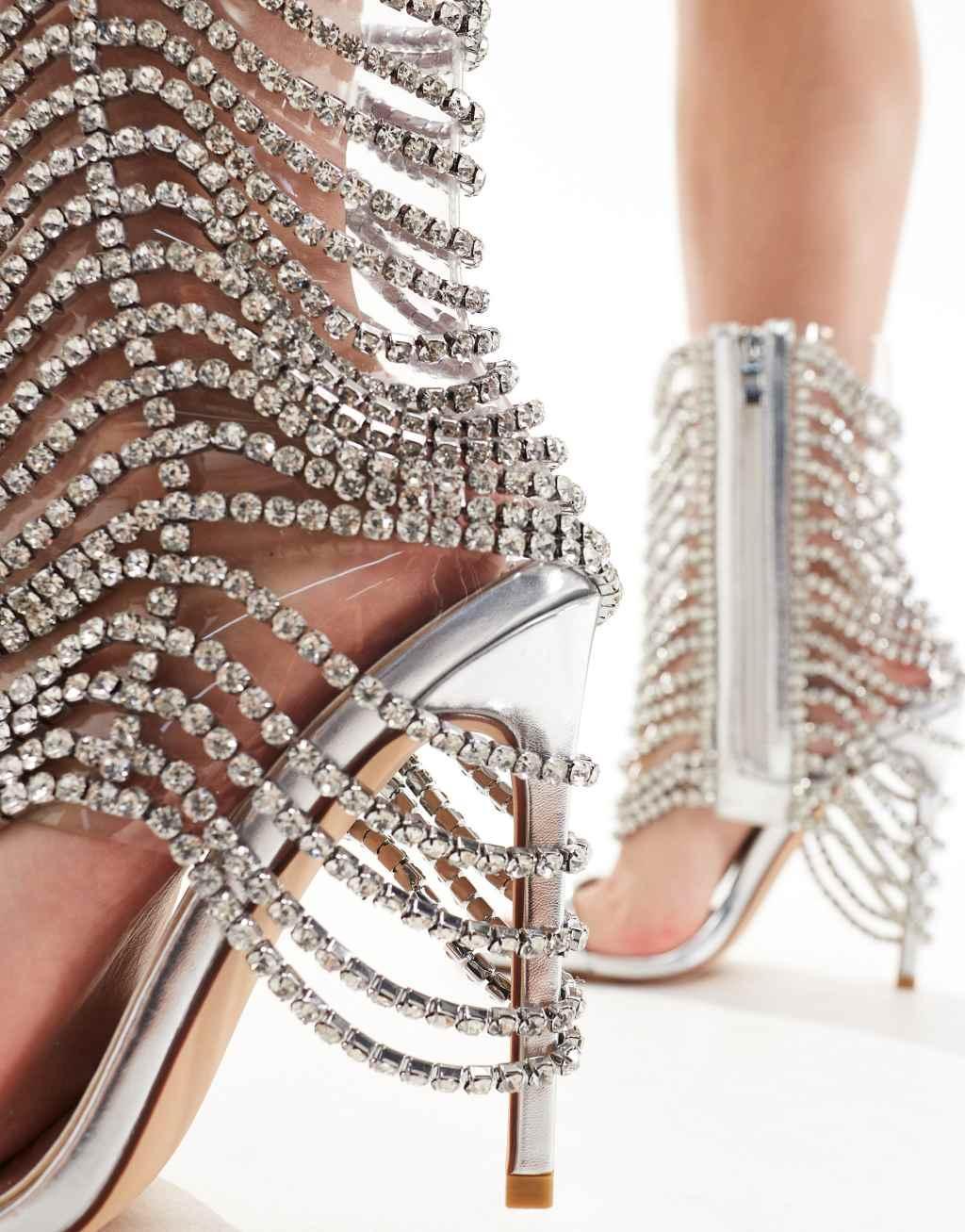 Azalea Wang Taliah embellished cage heeled sandals in silver Product Image