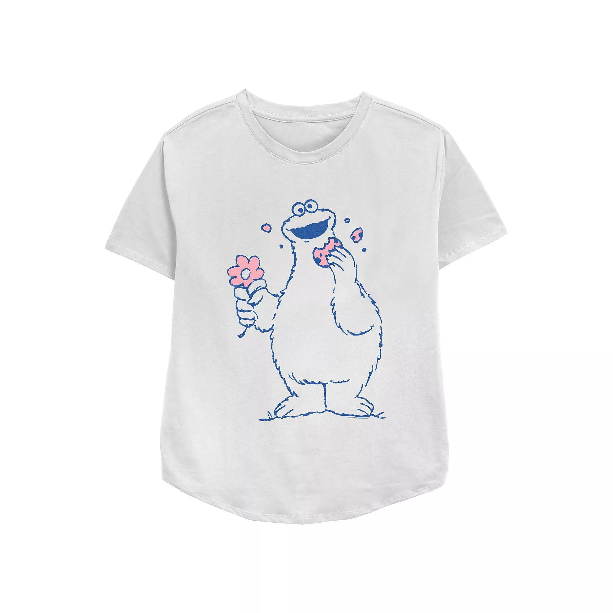 Women's PBS Kids Sesame Street Cookie Monster Holding Flower Relaxed Fit Graphic Tee, Size: Large, White Product Image