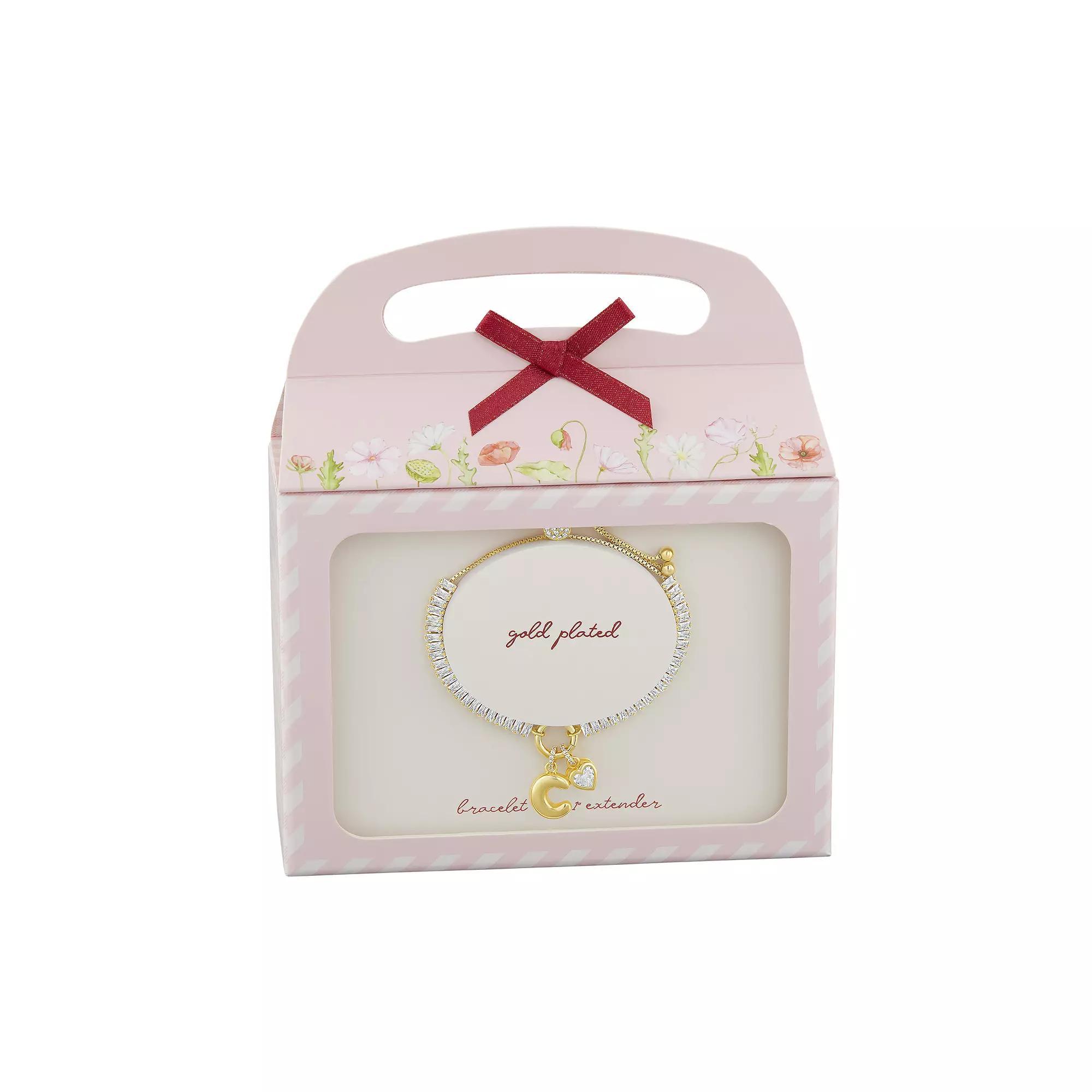 Brilliance Silver Plated Cubic Zirconia Heart Charm & Bubble Initial Charm Bracelet, Women's, Size: 4-10" ADJ, Gold Tone A Product Image