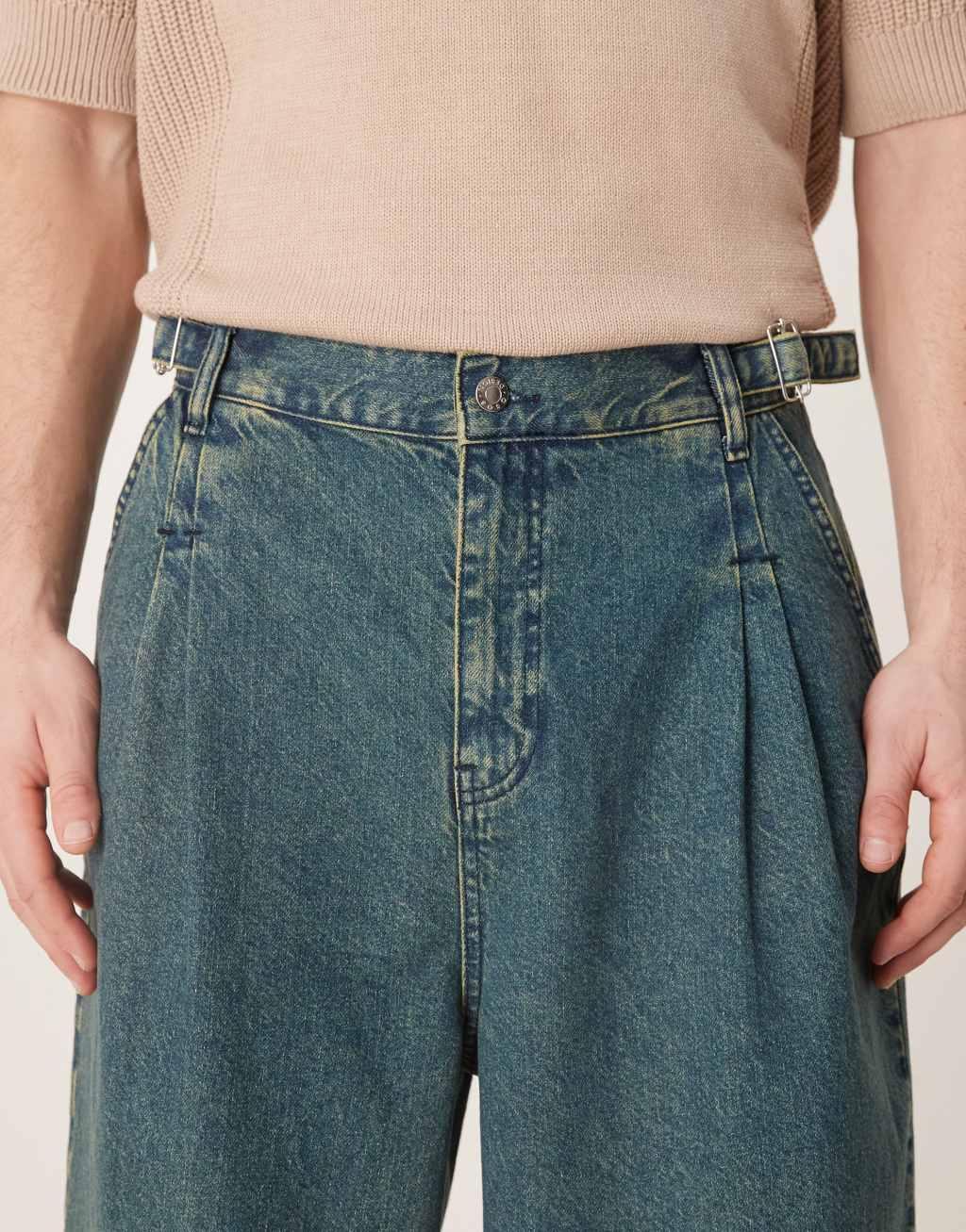 ASOS DESIGN double pleated jeans with side ties in mid wash blue Product Image