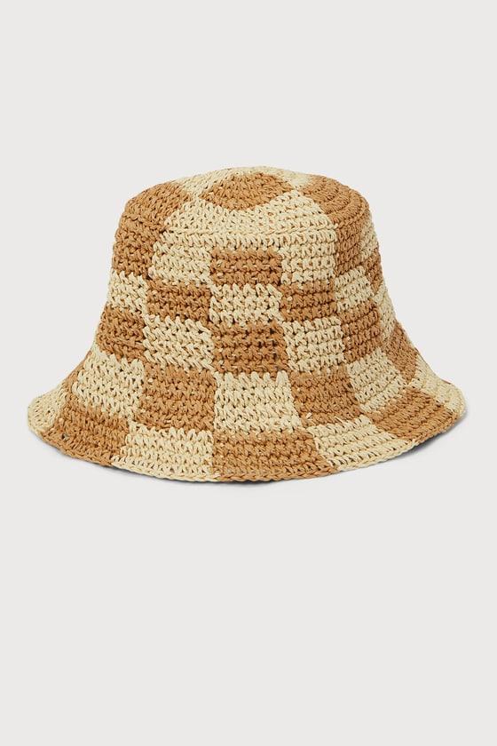Sunshine Check Beige and Tan Checkered Straw Bucket Hat Product Image