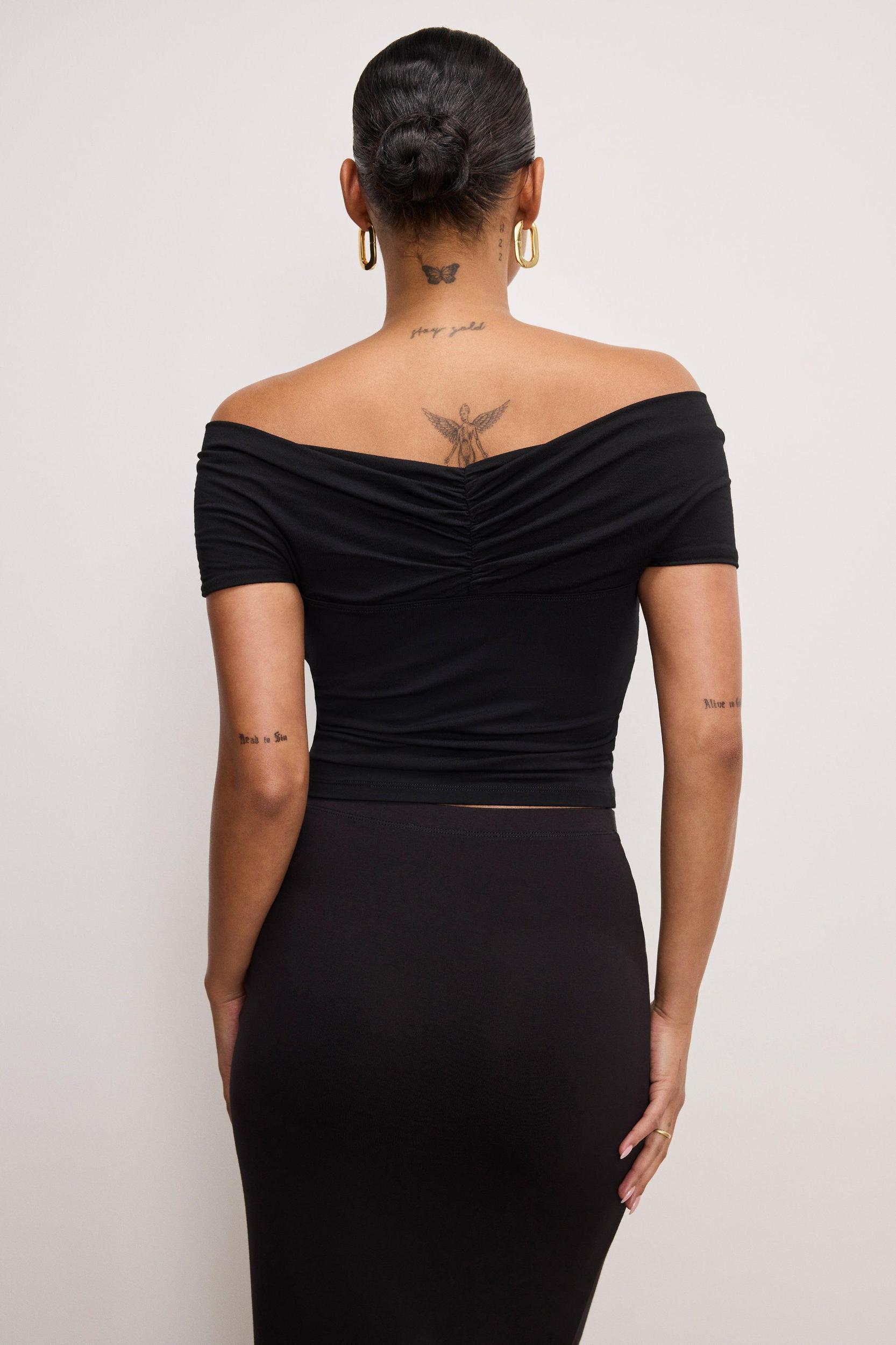 STRETCH  JERSEY TWIST OFF TOP | BLACK001 Product Image