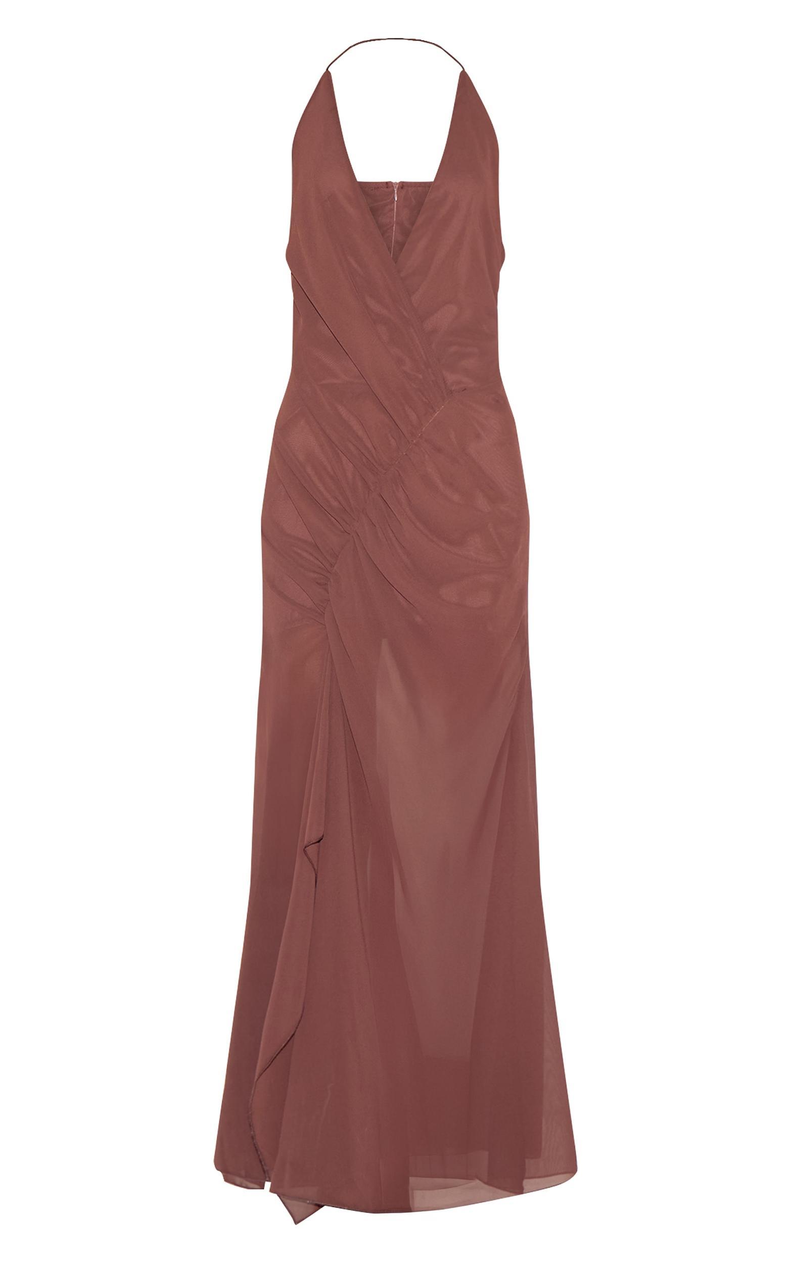 Chocolate Chiffon Asymmetric Ruched Maxi Dress Product Image