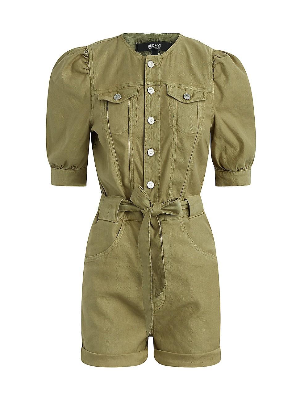 Womens Puff-Sleeve Button-Front Romper Product Image