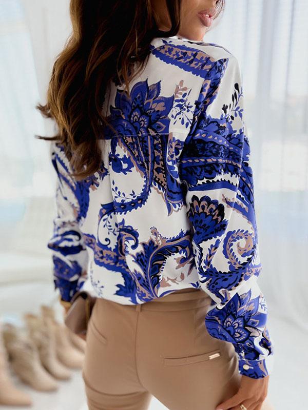Long Sleeves Loose Printed Lapel Blouses Product Image