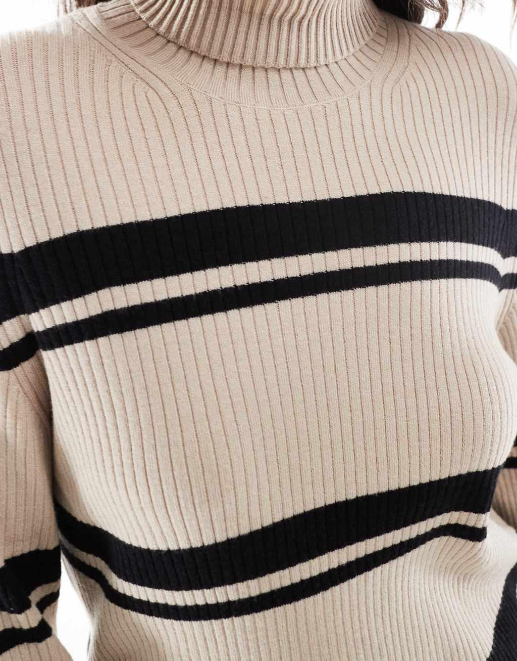 Pieces striped roll neck top in beige and black Product Image