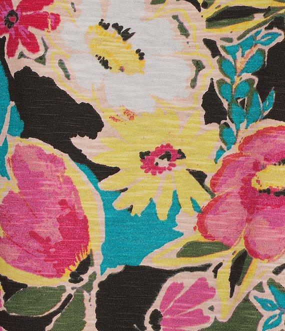 Intro Cotton Slub Floral Scoop Neck Short Twist Sleeve Rushed Tee Product Image