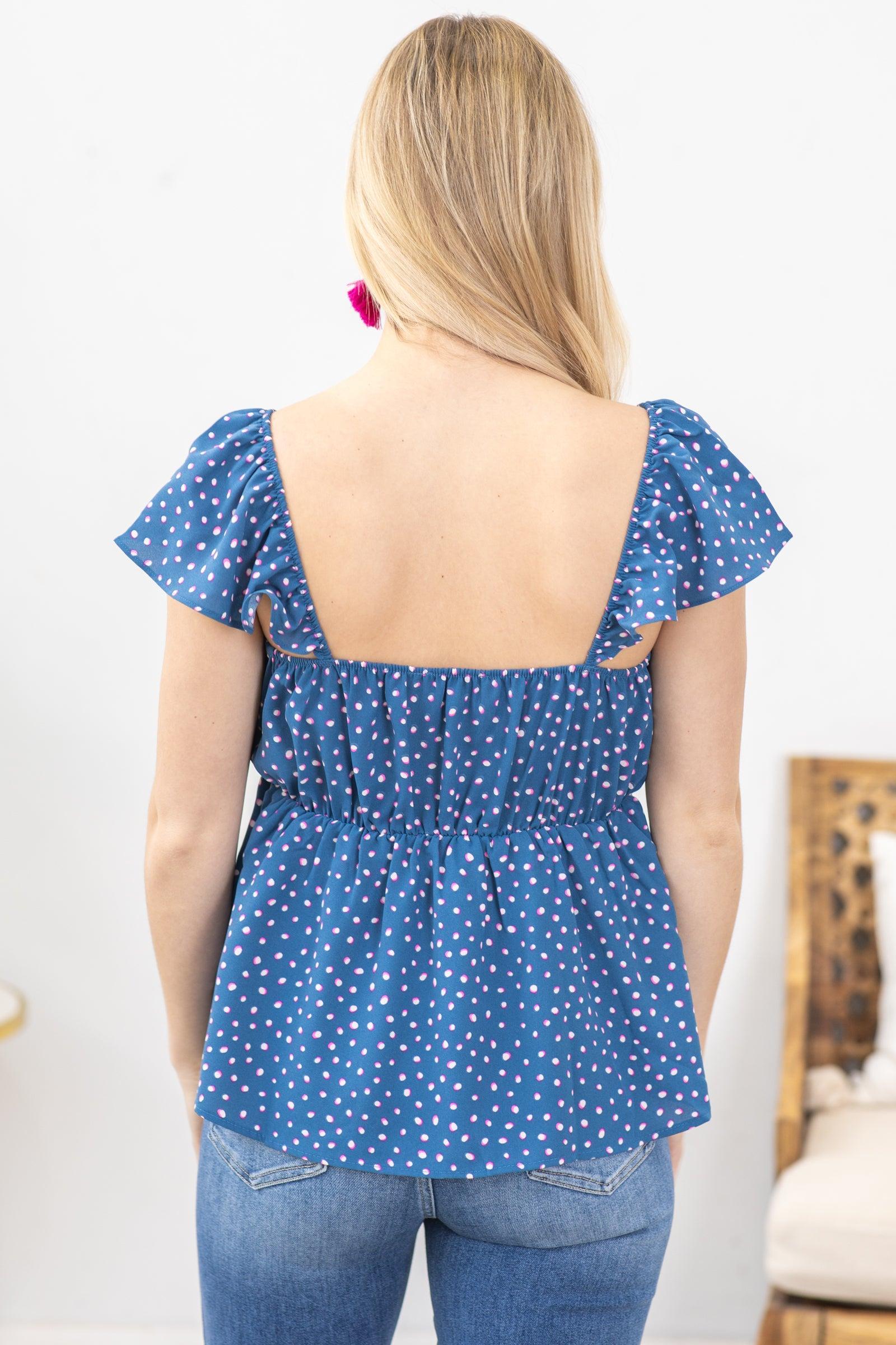 Dusty Blue Dot Print Short Sleeve Woven Top Product Image