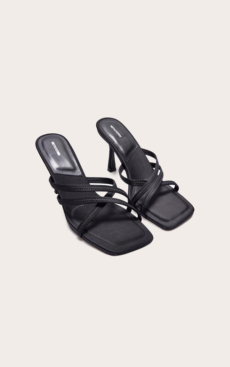 Black Lycra Square Toe Cross Strap Heeled Mules Product Image