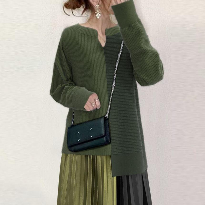 Set: Long-Sleeve Notch Neck Two Tone Asymmetrical Knit Top + High Rise Accordion Pleated Midi A-Line Skirt Product Image