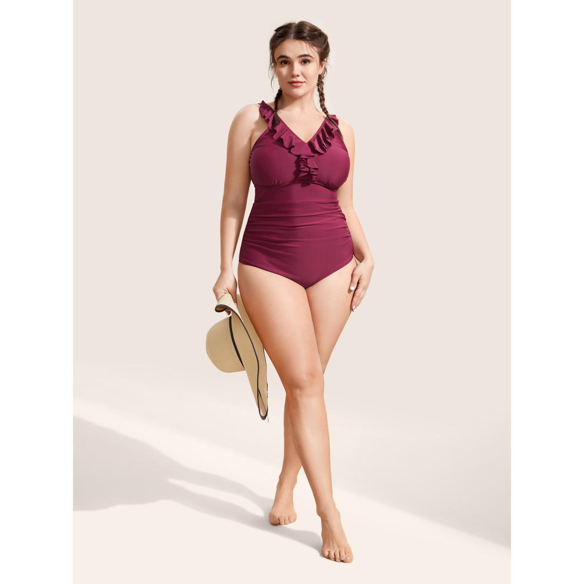 Plus Size Plain Ruffle Trim Gathered Sleeveless One Piece Swimsuit Women's Swimwear RedViolet Beach Gathered Curve Bathing Suits High stretch One Pieces BloomChic 12/L Product Image