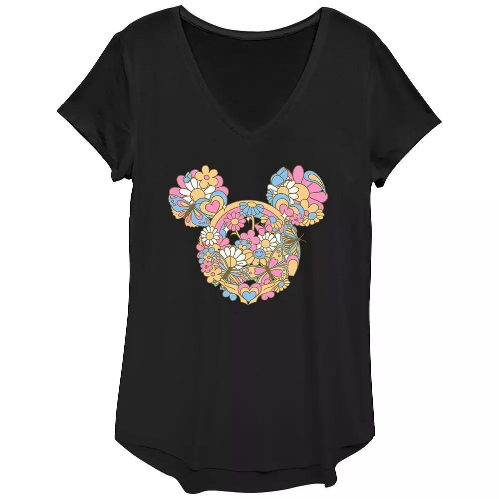 Disney's Mickey Mouse Women's Flowers And Butterflies Head Graphic Tee,  Product Image