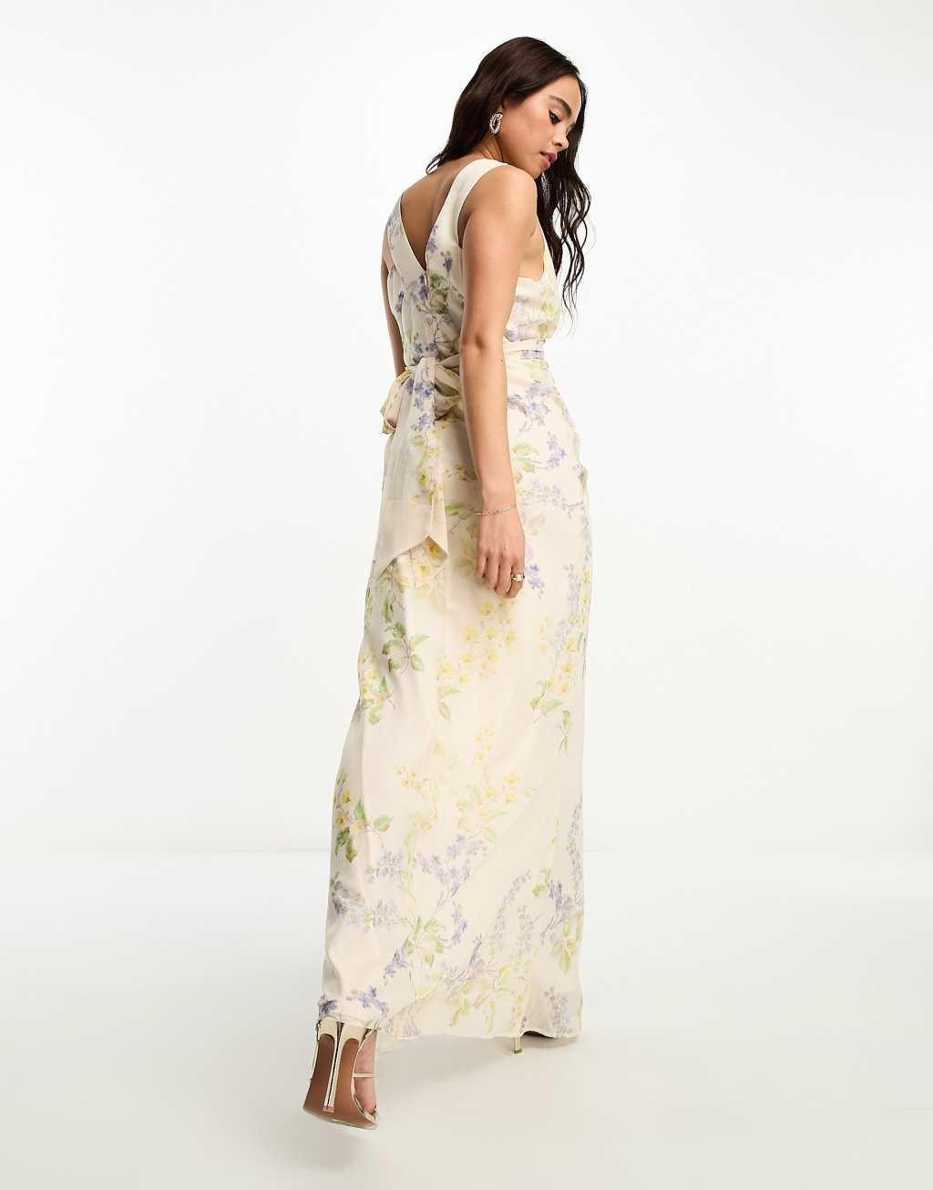 Hope & Ivy Bridesmaid tie back maxi dress in ivory floral Product Image